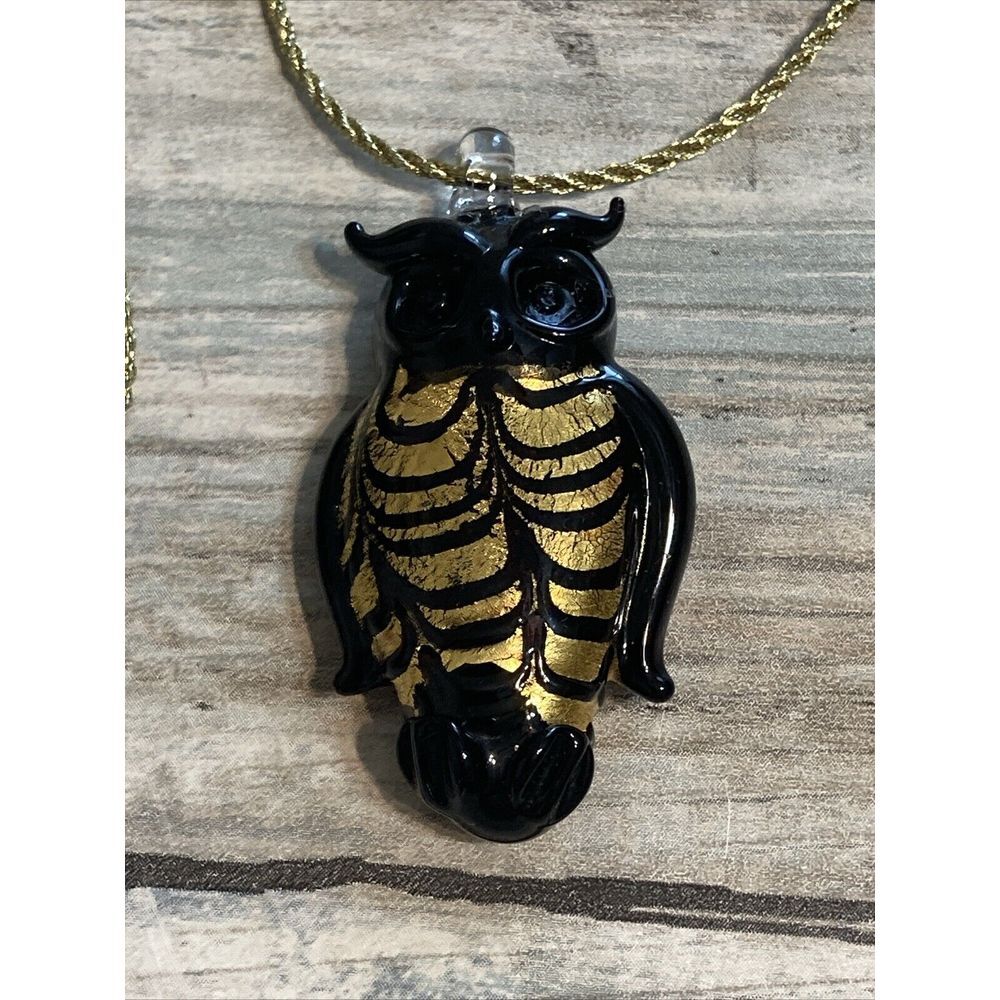 YUMMI OWL Blown Glass Necklace Made in Italy 24K gold Paint Black